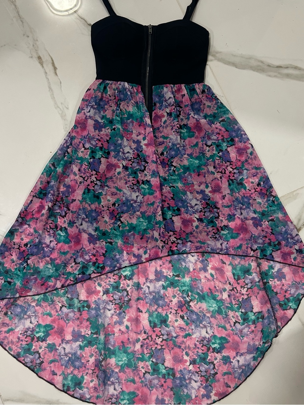 Material Girl Black Bodice Floral High-Low Skirt in Pink, Purple, Teal S